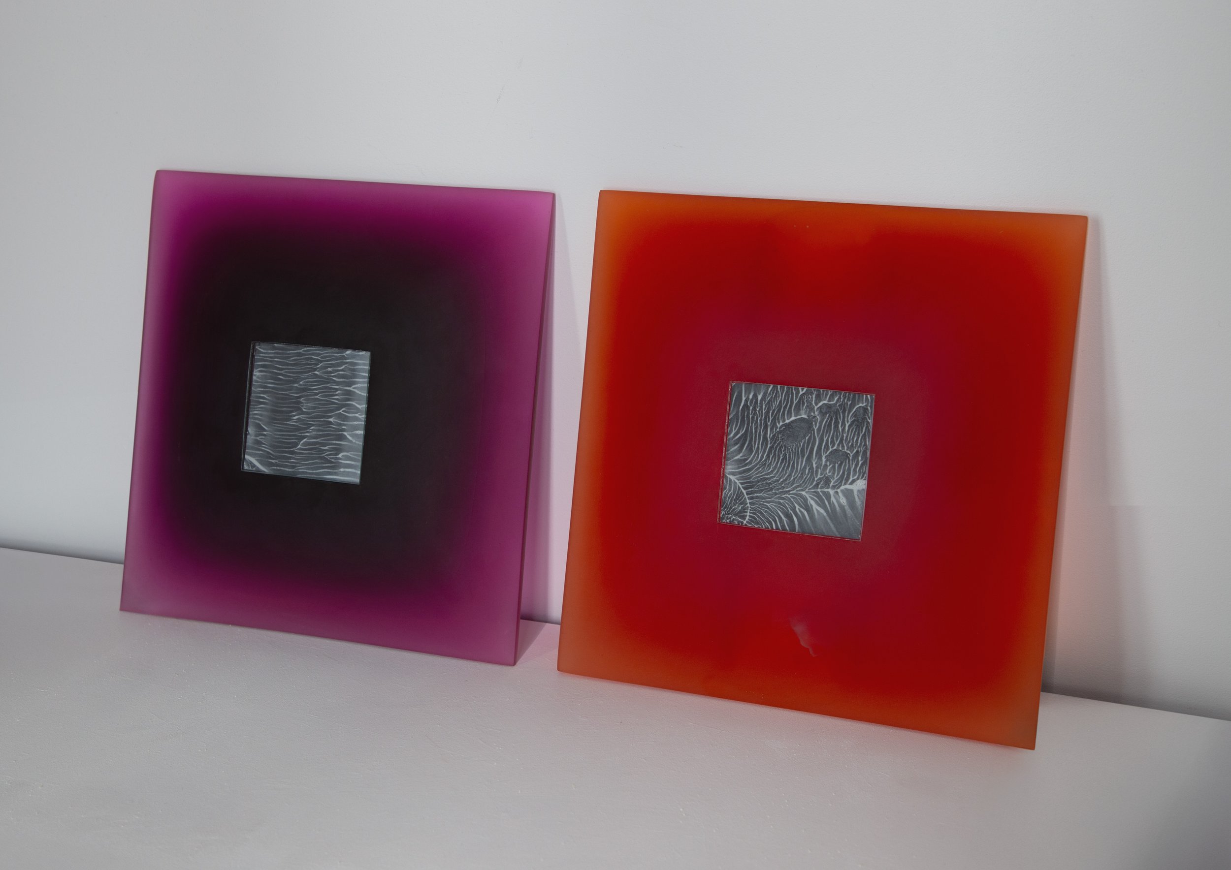 Breathe, Work II & III, 2025. 25.5x25.5x10cm. 1000 grit sandpaper, resin, pigments 