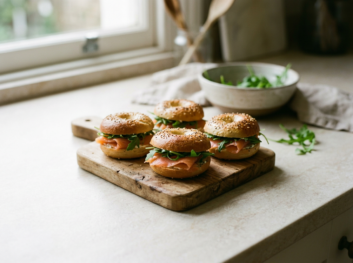 Mini Smoked Salmon, Rocket and capers Bagel