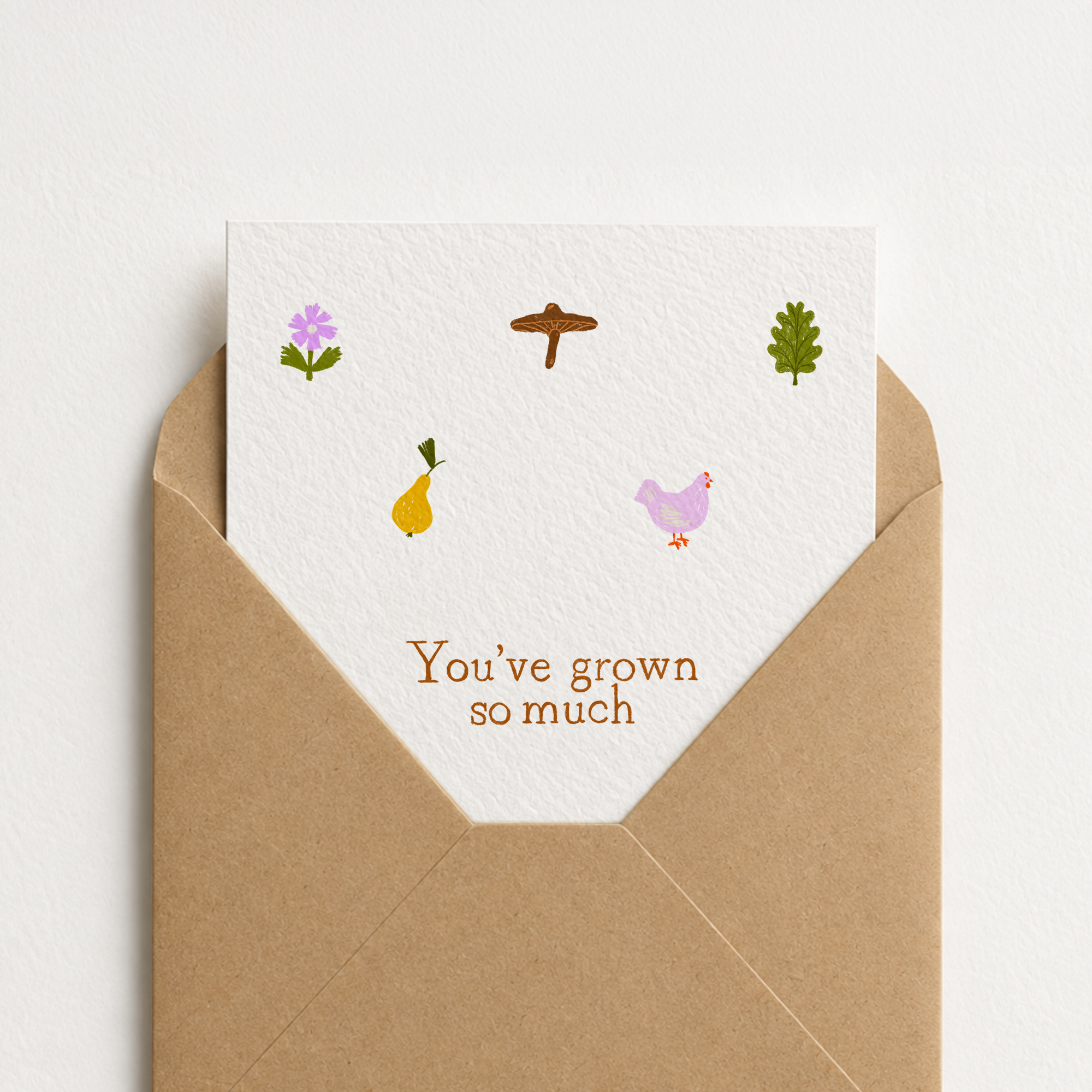 Whimsical greeting card featuring tiny woodland elements like a squirrel, acorn, and bird, with the text You've grown so much, original illustration by Kadna Anda