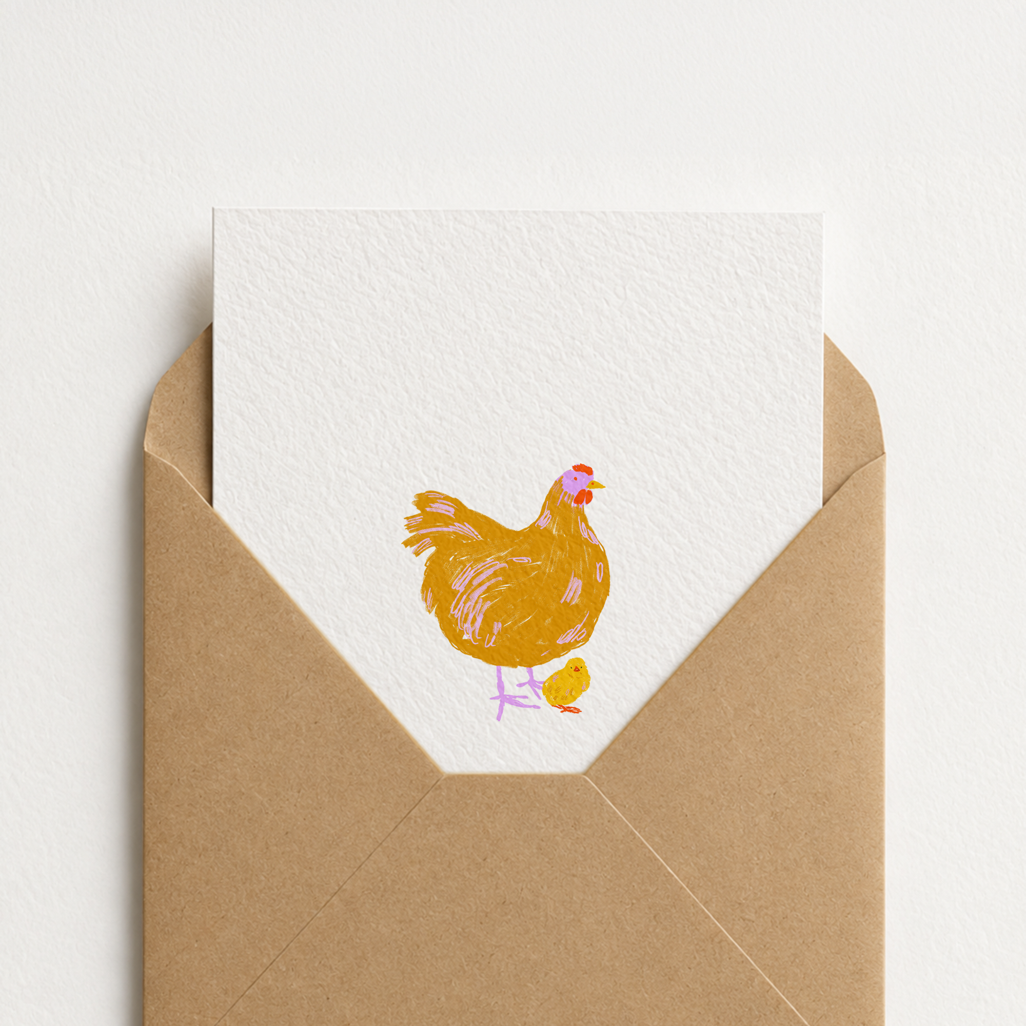 Heartwarming greeting card featuring an adorable illustration of a mother hen and chick with the text Best mom, original Mother's Day art by Kadna Anda