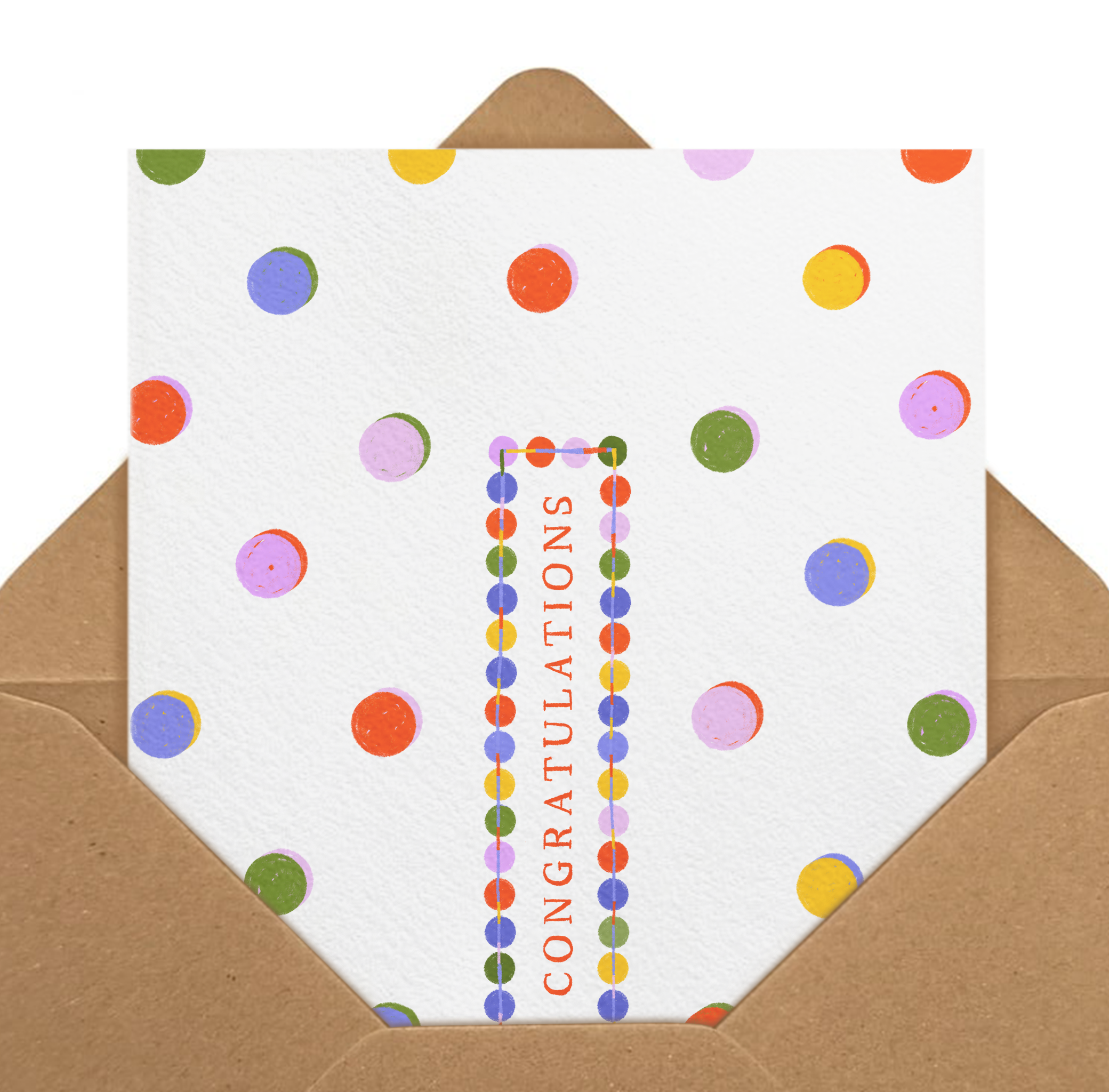 Landscape greeting card featuring festive colorful polka dots and the text Congratulations, original celebratory illustration by Kadna Anda