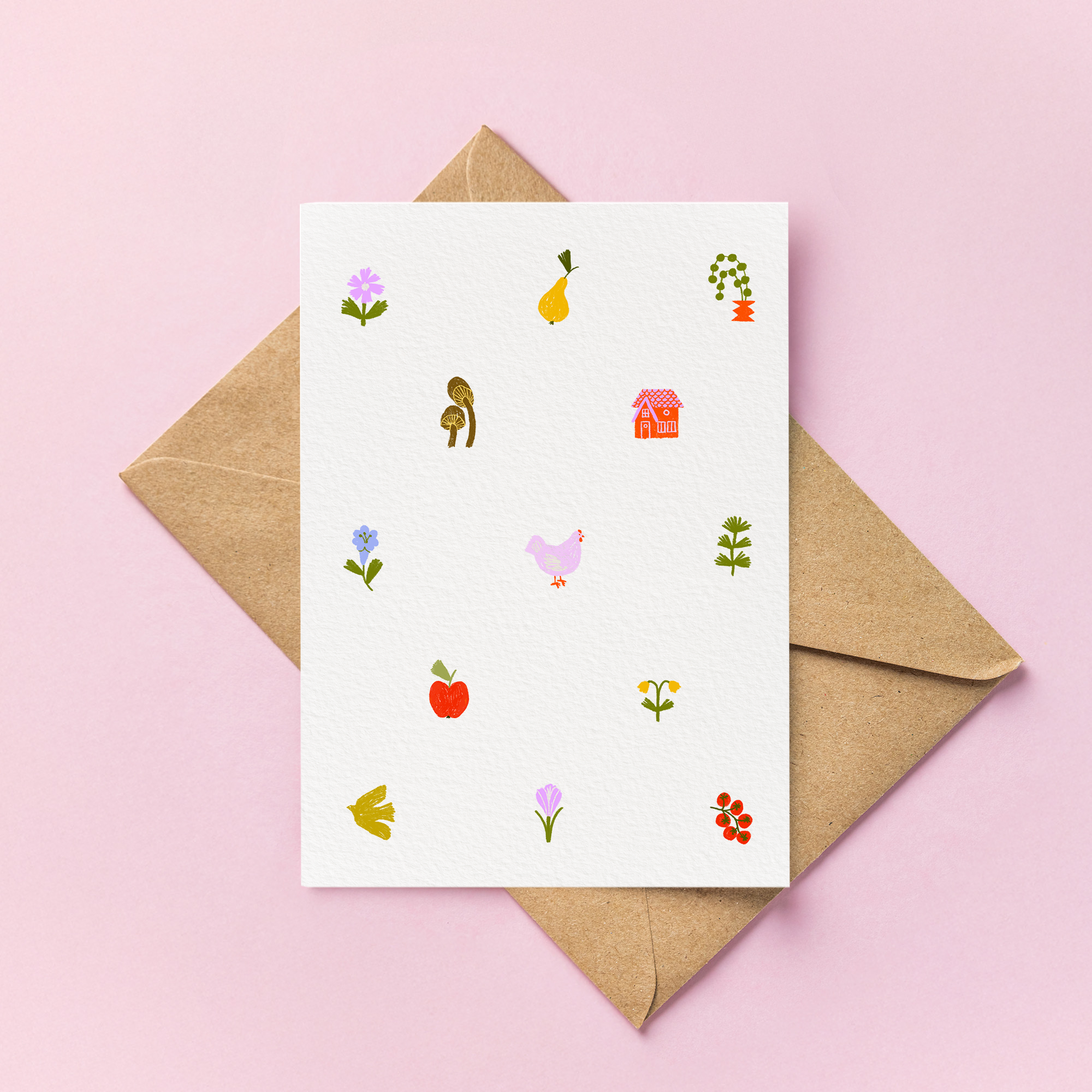 Slow Living - Whimsical Cottagecore Pattern Blank Greeting Card