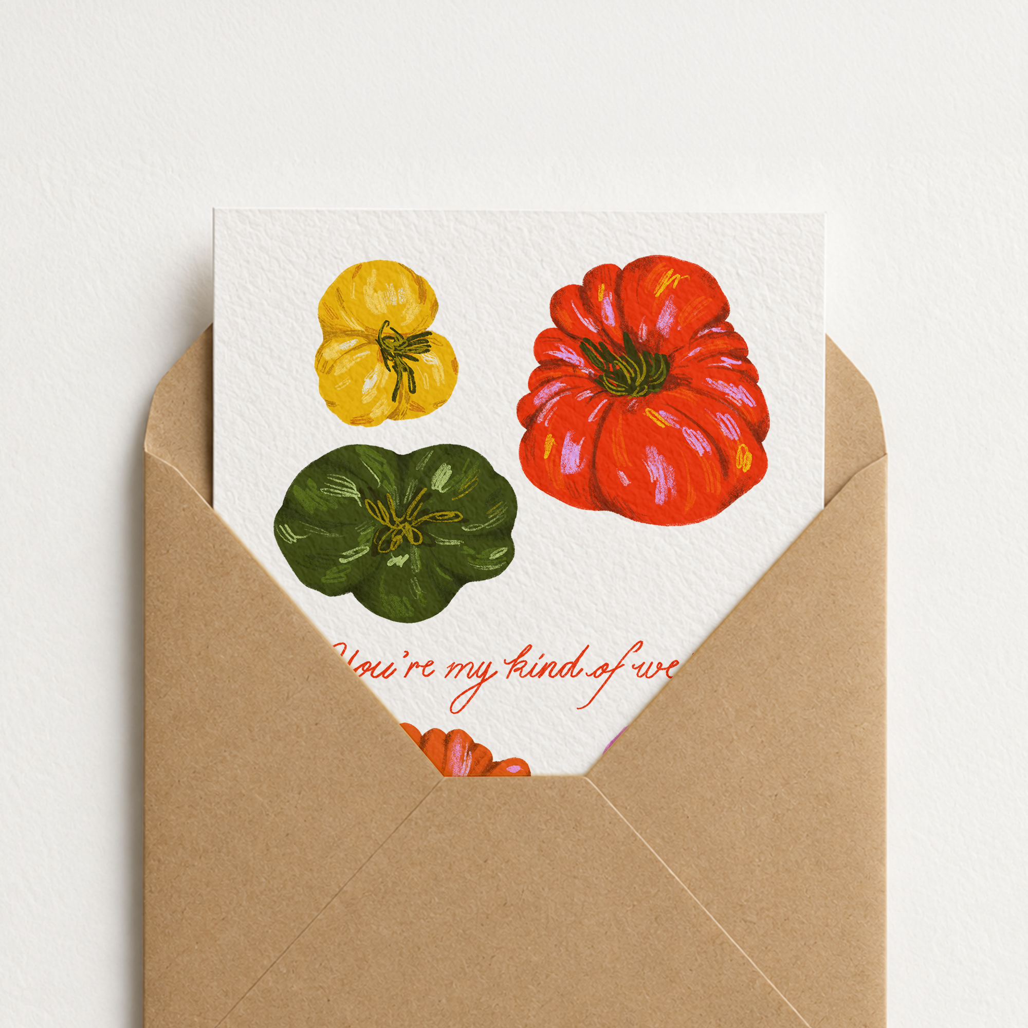 Quirky greeting card featuring colorful heirloom tomato illustrations and the text You're my kind of weird, original foodie art by Kadna Anda