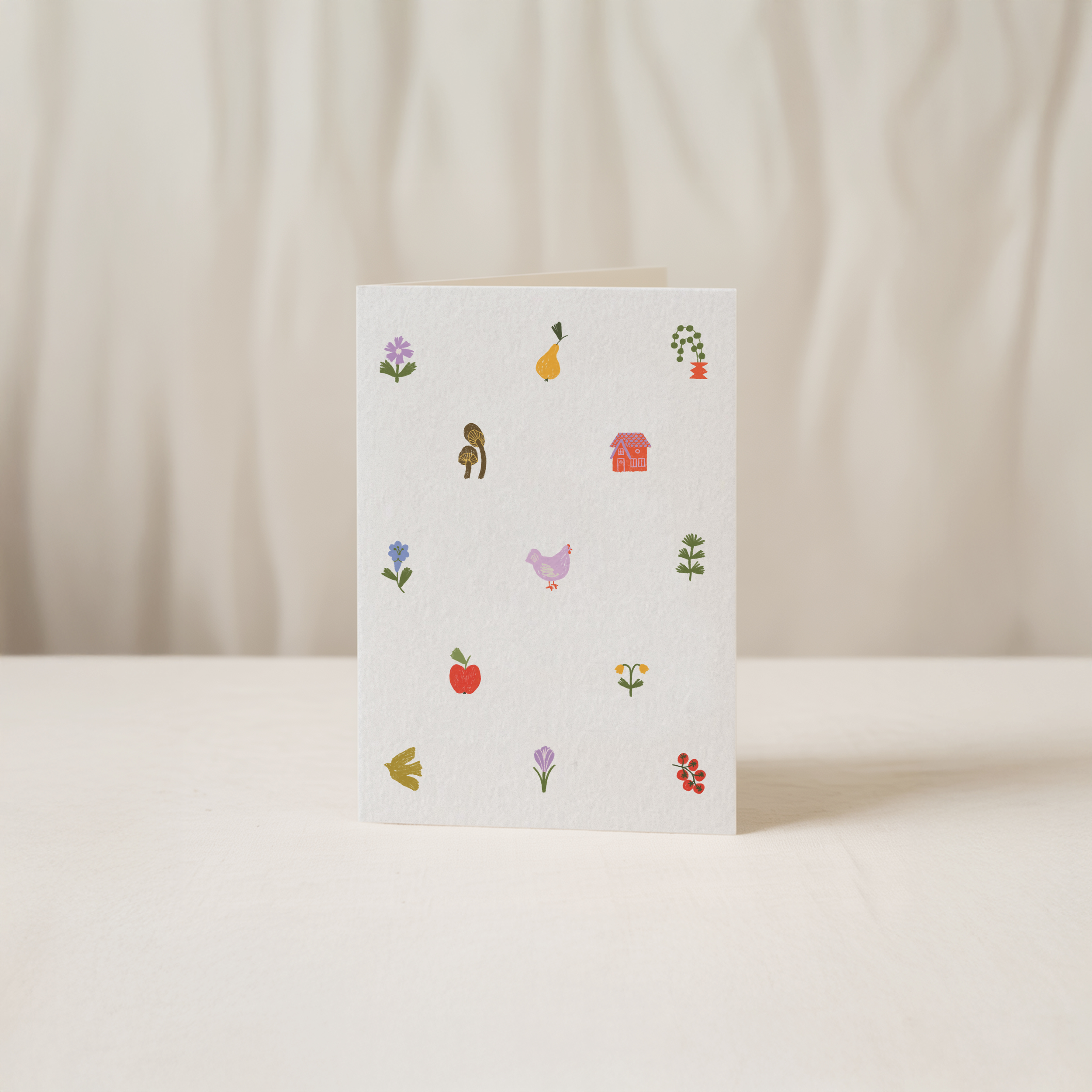 Blank vertical greeting card featuring a whimsical cottagecore pattern with a tiny hen, pear, house, and flowers, everyday original illustration by Kadna Anda