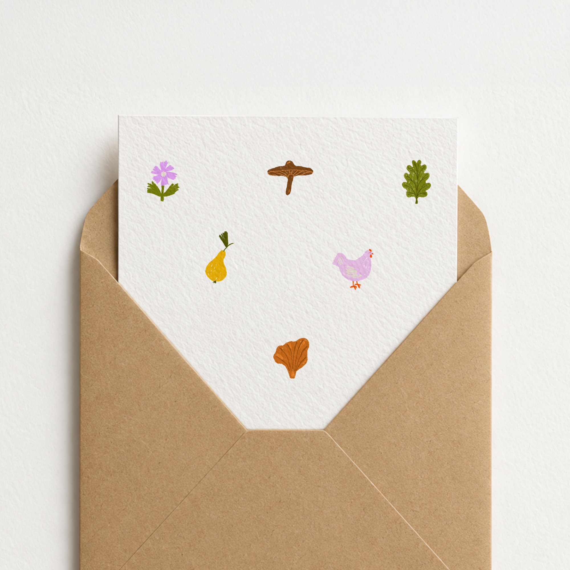 Blank vertical greeting card featuring a whimsical woodland pattern with a tiny mushroom, acorn, leaves, and bird, everyday original illustration by Kadna Anda