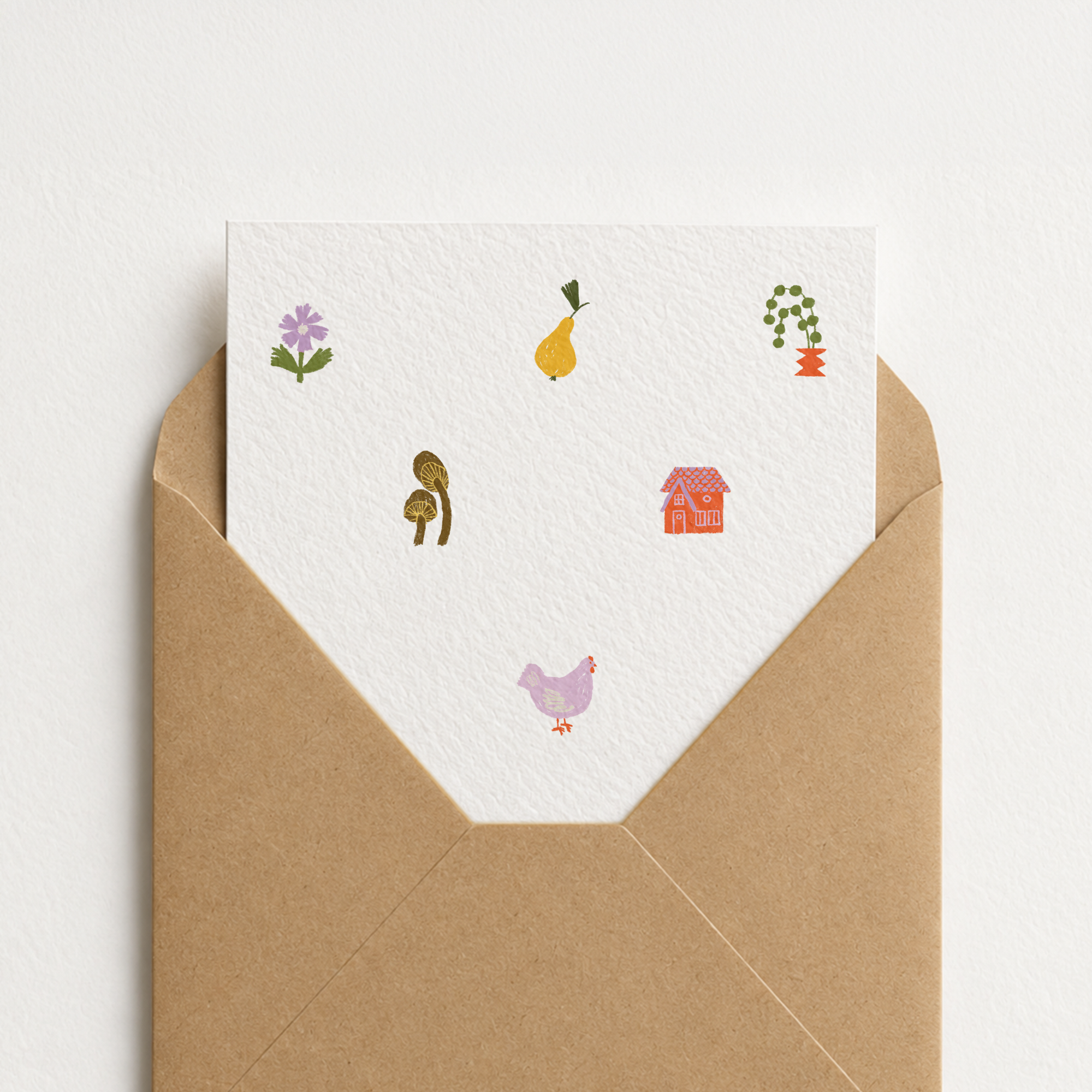 Blank vertical greeting card featuring a whimsical cottagecore pattern with a tiny hen, pear, house, and flowers, everyday original illustration by Kadna Anda