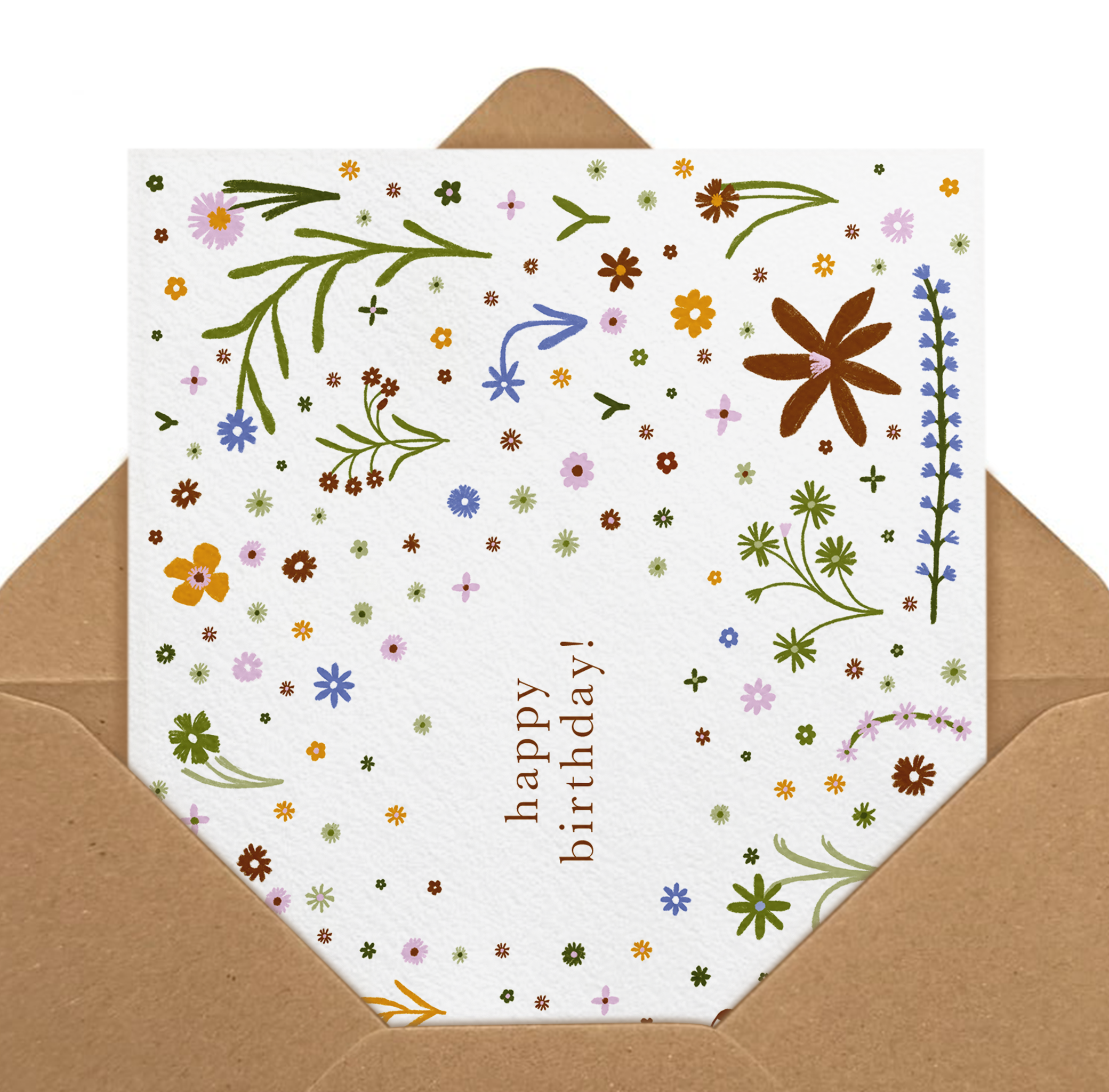 Landscape greeting card featuring a delicate confetti pattern of colorful wildflowers and the text happy birthday, original botanical illustration by Kadna Anda