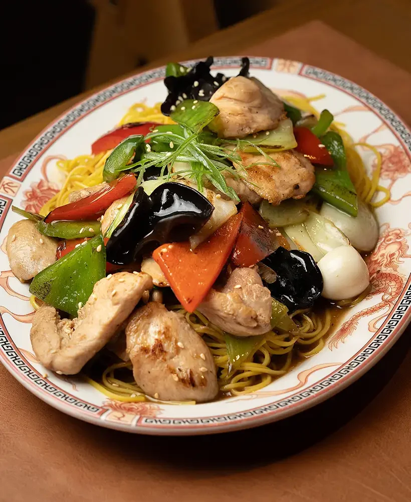 Plato de fideos con pollo y vegetales variados sobre un plato decorado con patrones asiáticos.