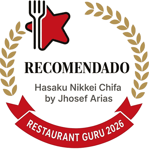 Certificado que recomienda el restaurante Hasaku-Nikkei Chifa, otorgado por Jhosef Arias, en 2026, con una corona de laureles dorados y una estrella roja en la parte superior.