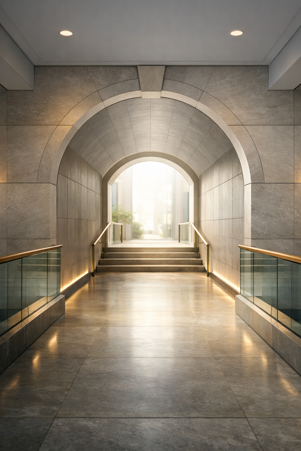 Modern indoor corridor with arched ceiling, steps at the end, and glass railings on each side, illuminated by soft lighting.