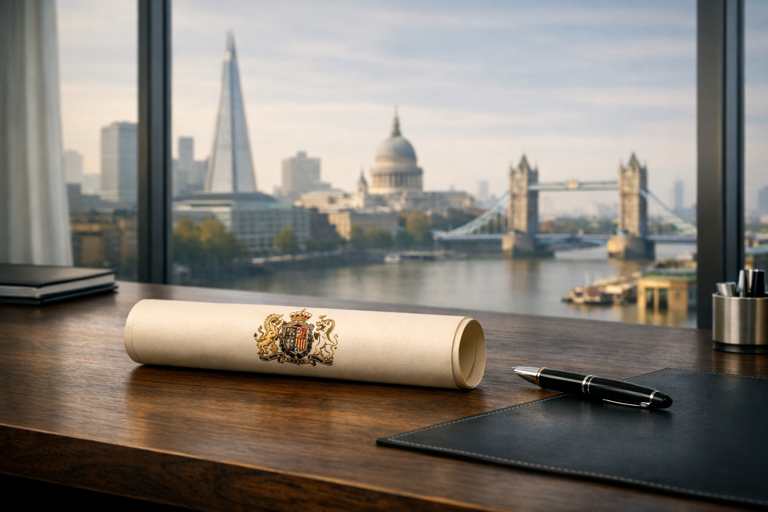 Desk with a rolled parchment featuring a coat of arms, a pen, and a black leather notebook against a large window showing the London skyline, including St. Paul's Cathedral and Tower Bridge.