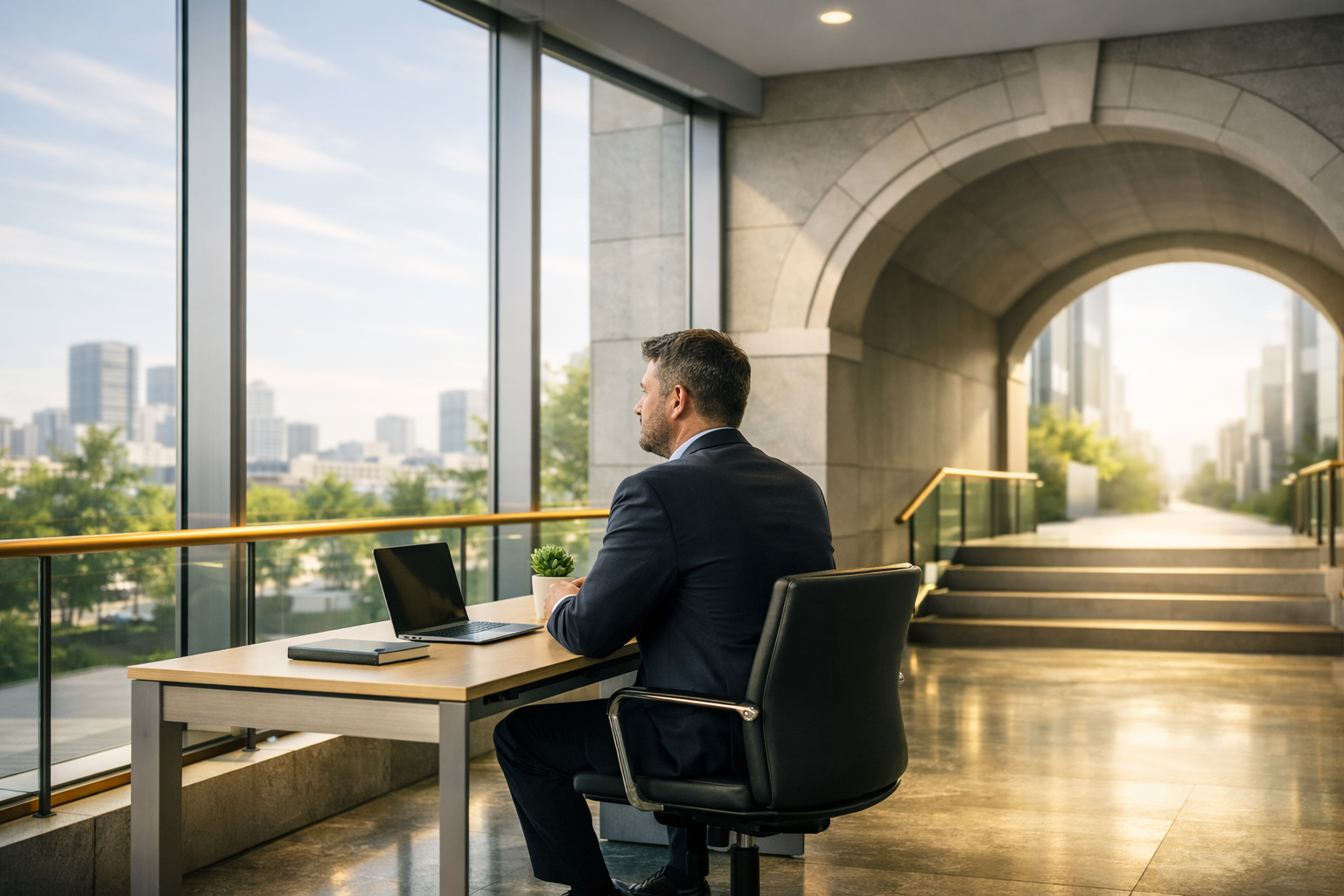 A man in a business suit sitting at a desk in a modern, glass-walled office, facing a cityscape view with tall buildings and trees, during daytime.