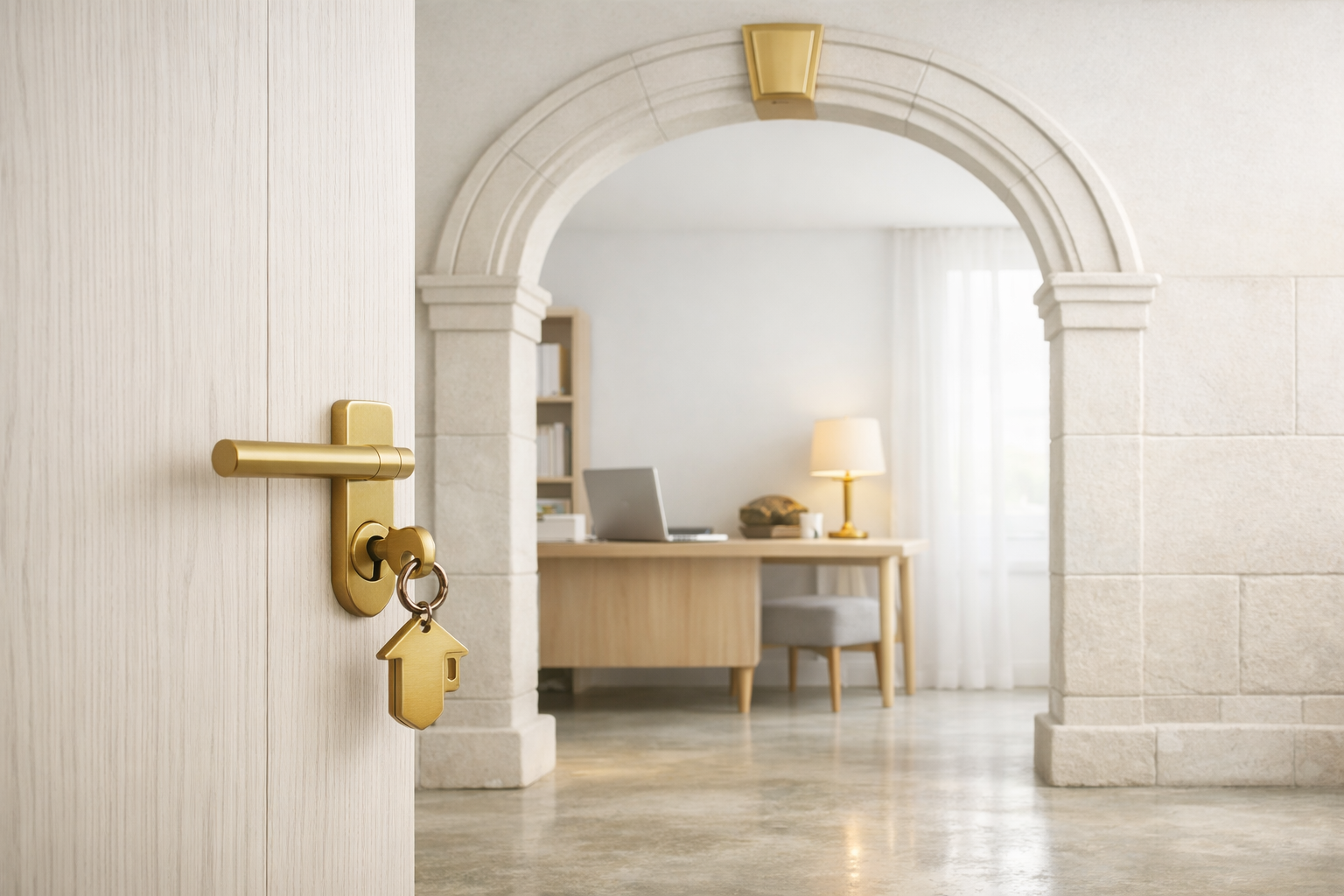View through an open door to a home office with a wooden desk, a laptop, a lamp, and bookshelves, framed by a keystone arched stone doorway with a gold house-shaped keychain hanging from the door handle.