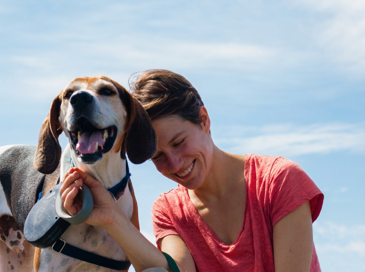 A woman smiling with her eyes closed while petting a happy beagle dog outdoors on a sunny day.