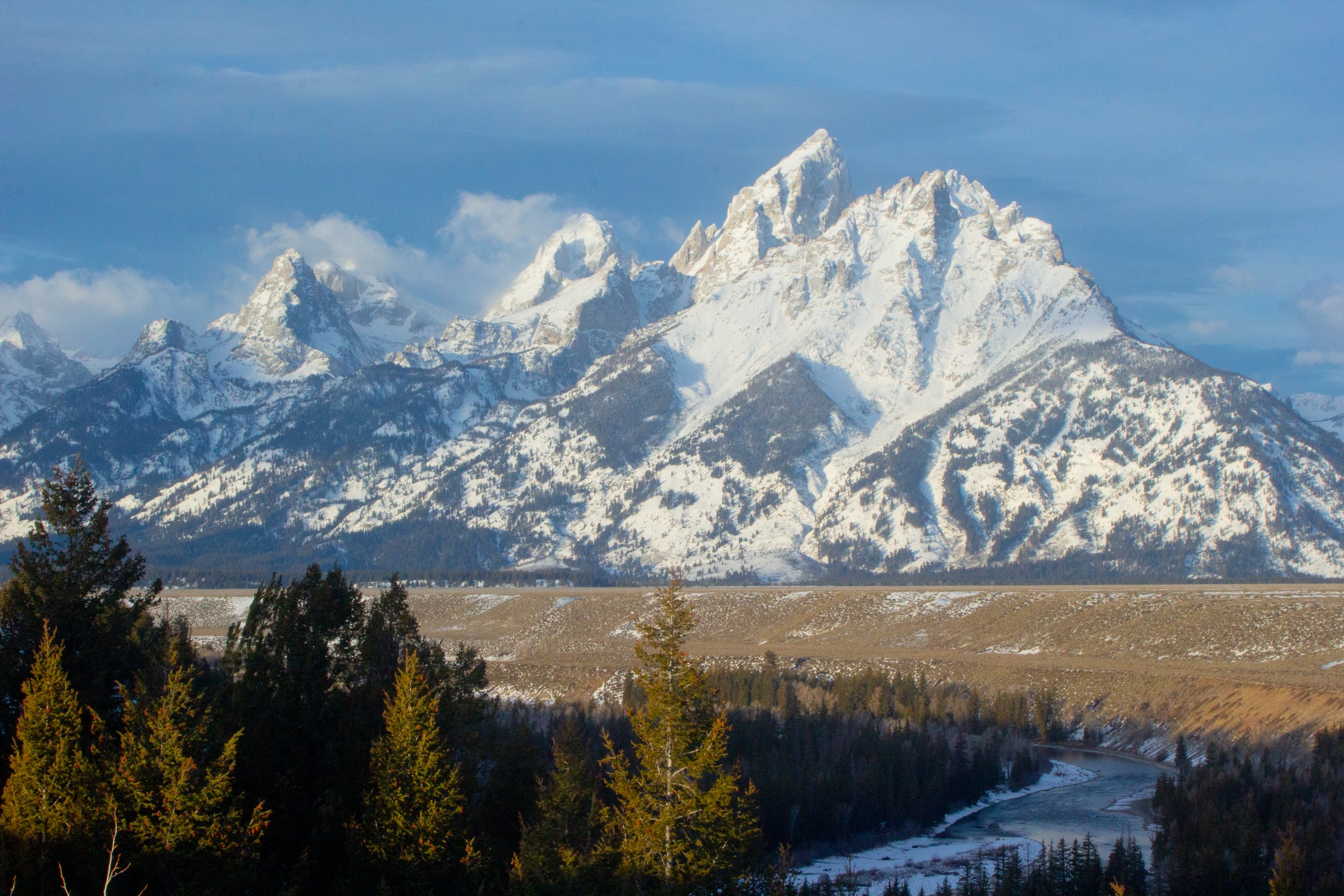 Snow-covered mountains in the background with a forest of evergreen trees in the foreground and a river flowing through the valley.