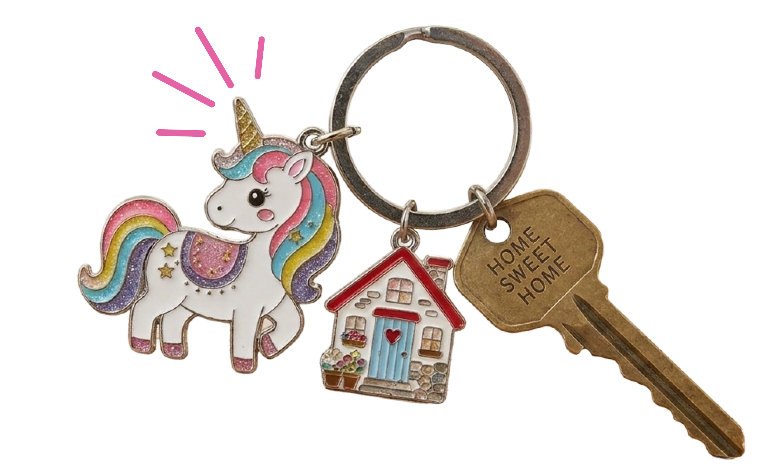 Colorful keychain with a unicorn, a house, a cozy home tag, and a key, on a keyring.