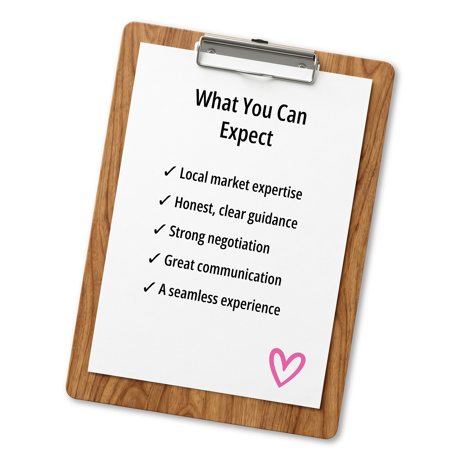 A wooden clipboard holding a white sheet of paper titled "What You Can Expect" with a list of qualities including local market expertise, honest guidance, strong negotiation, great communication, and seamless experience, with a pink heart at the bottom.