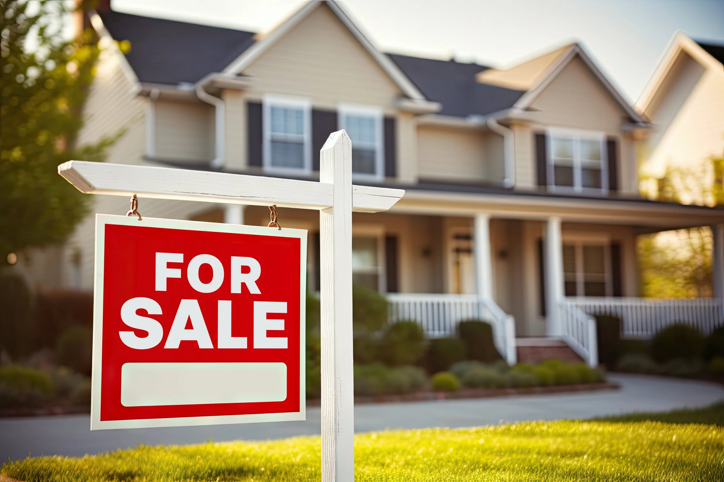 House for sale sign in front of a suburban home with beige siding, dark roof, and white trim, during daytime.