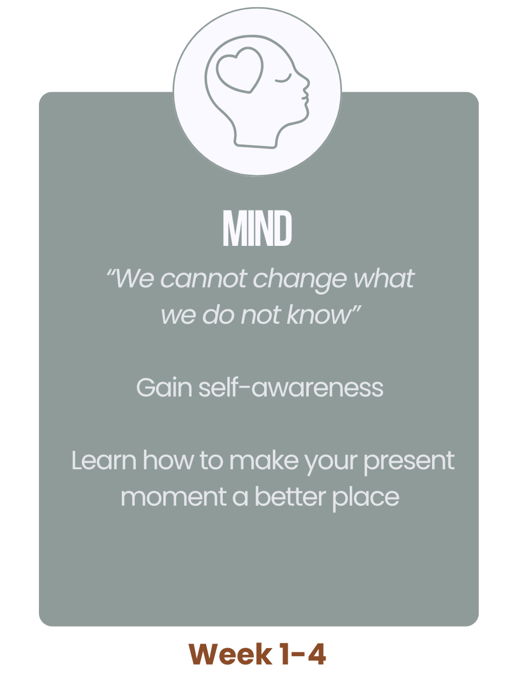 An infographic with a brain icon at the top inside a circle. The main heading is 'MIND'. Below it is a quote: 'We cannot change what we do not know.' Additional text says: 'Gain self-awareness' and 'Learn how to make your present moment a better place.' At the bottom, it indicates 'Week 1-4' in brown text.
