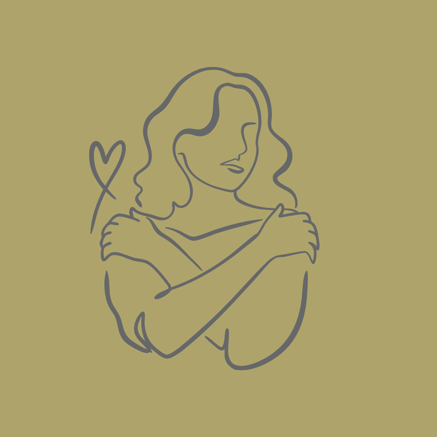 An illustrated woman meditating in a cross-legged position with a large human head and brain in the background, and a heart on her shirt.