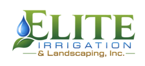Logo for Elite Irrigation & Landscaping, Inc. with green and blue text and design elements.