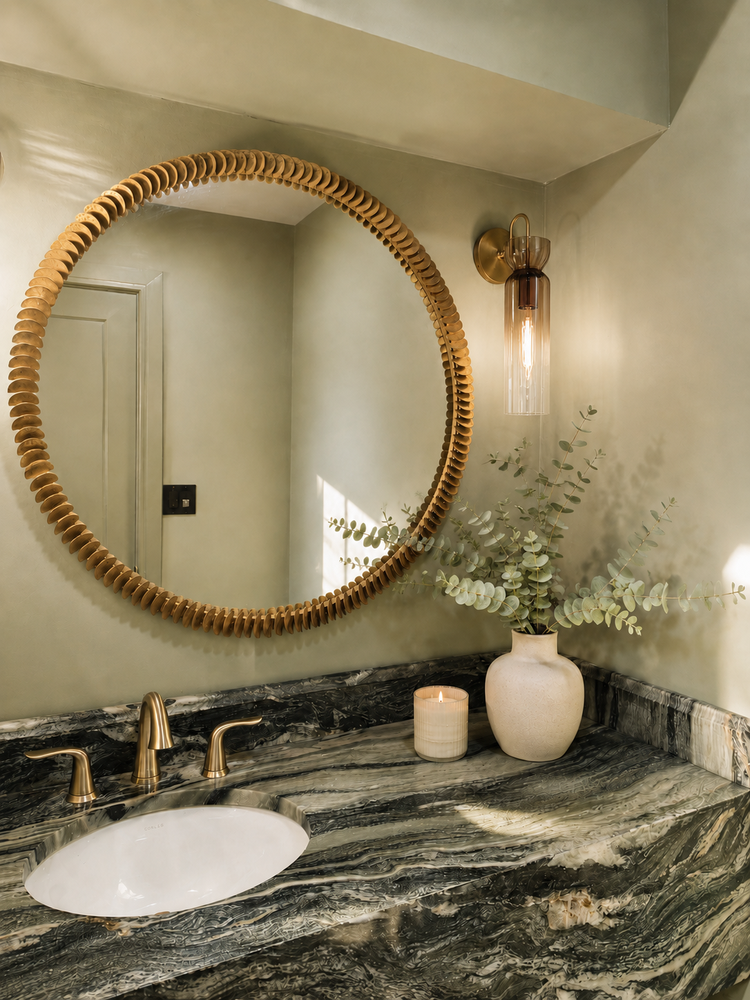 Bathroom vanity with green marbled countertop, oval sink, gold faucet, large round mirror with wooden frame, wall-mounted gold light fixture, white vase with eucalyptus branches, and lit candle.