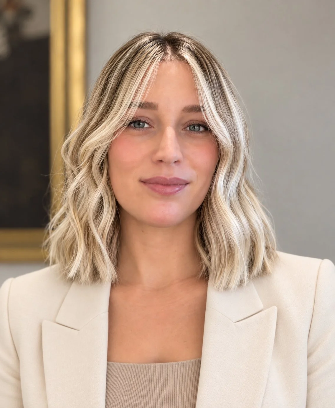 Close-up of a young woman with shoulder-length blonde hair, blue eyes, and a neutral expression, wearing a beige blazer and a matching top, standing indoors with a blurred background.