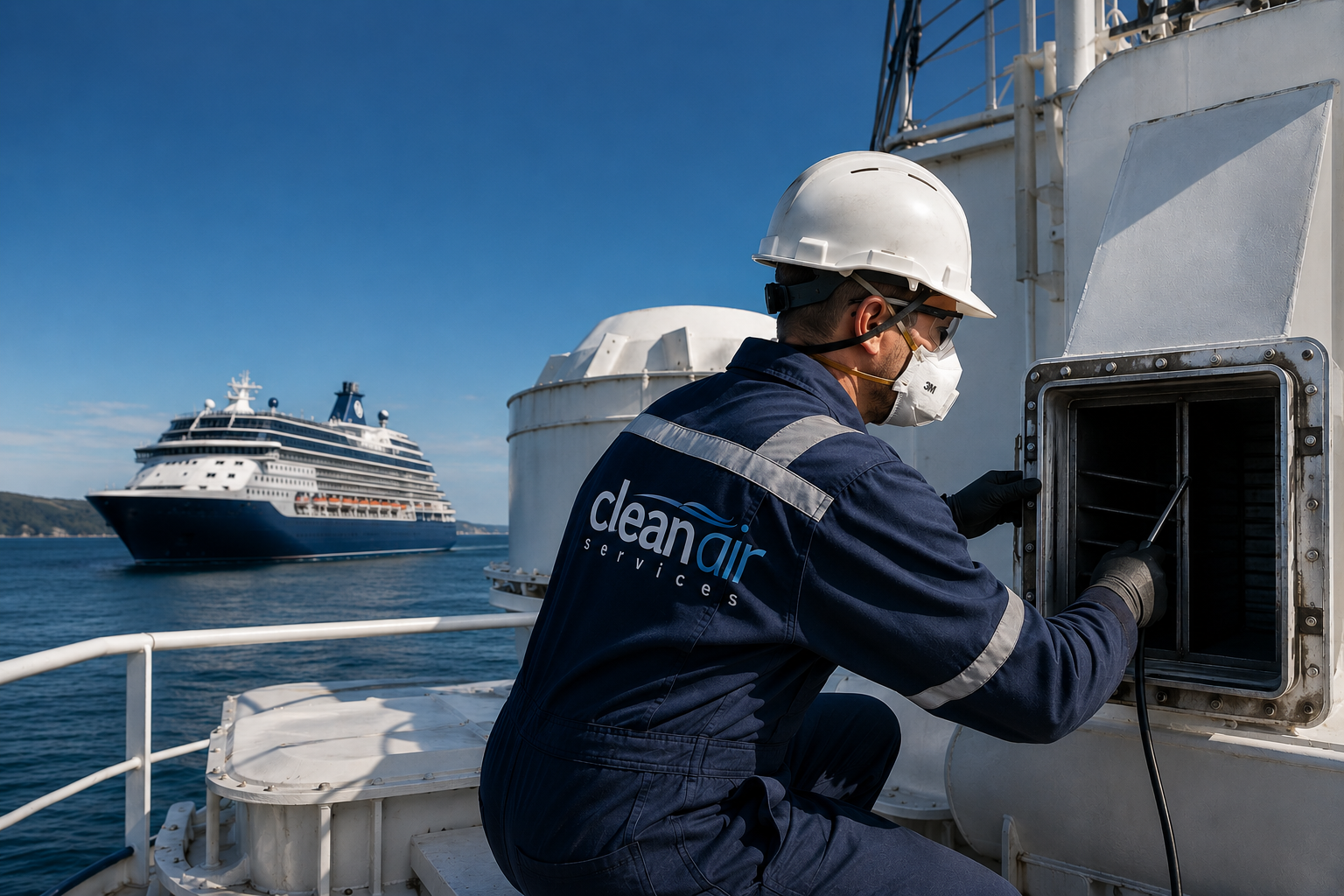 Clean Air Services technicians performing specialized HVAC and ventilation cleaning aboard a commercial vessel.