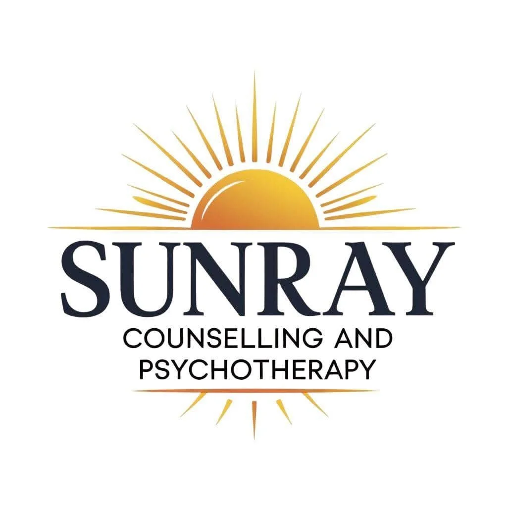 Logo for Sunray Counselling and Psychotherapy featuring a stylized sunrise with a semicircular sun and radiating rays above and below the text.