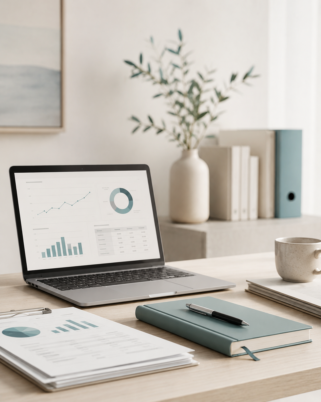 Modern accounting workspace with laptop, reports and soft natural office styling