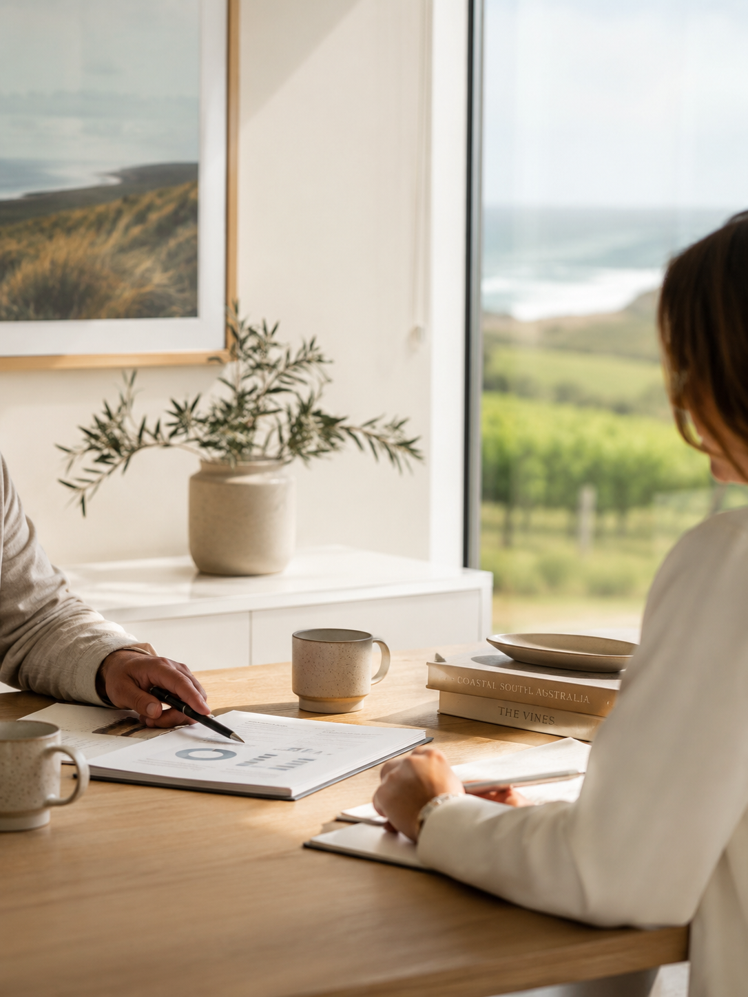 Client meeting in a coastal office setting representing personal accounting advice and practical support