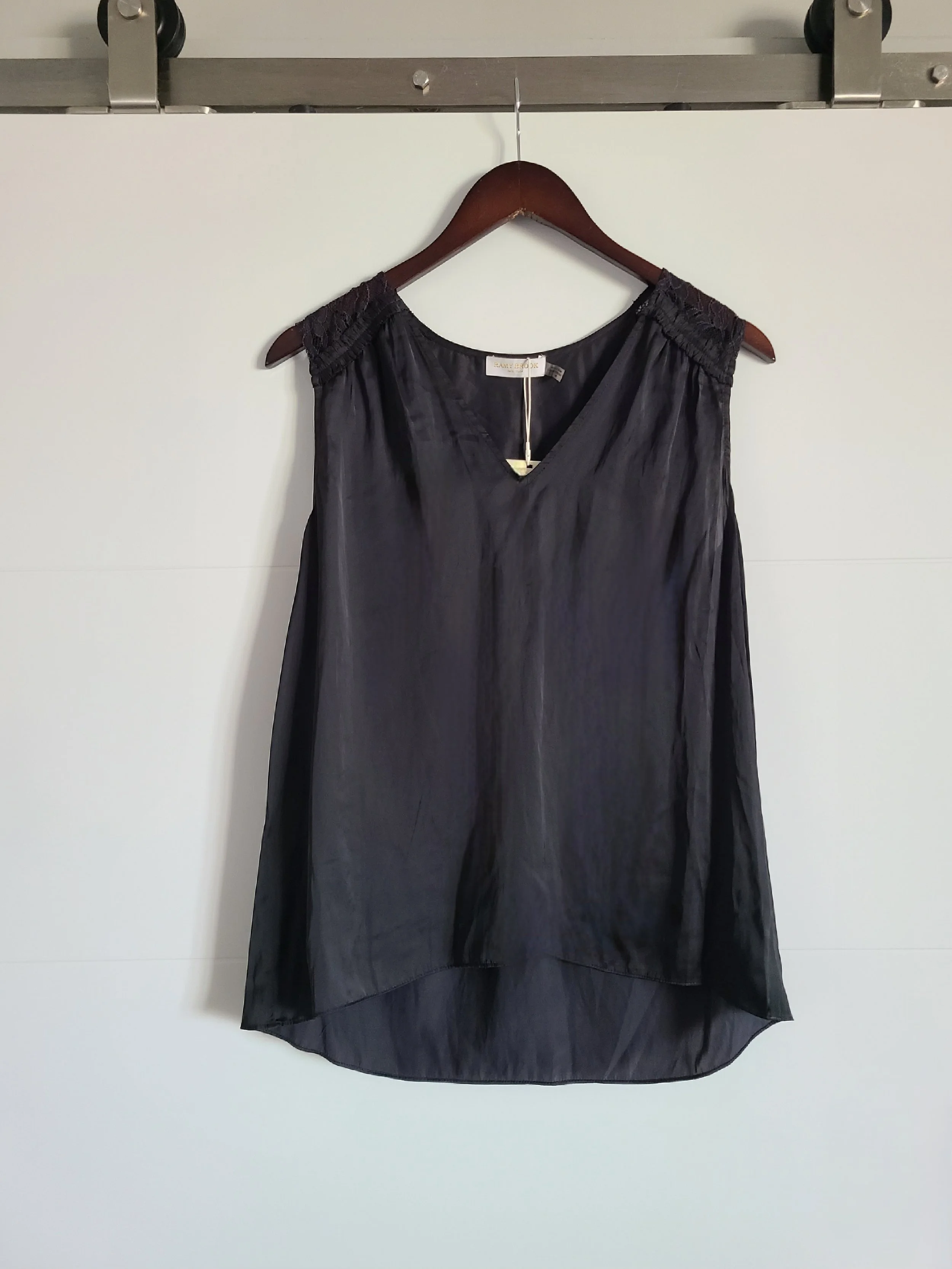RAMY BROOK — Riley Lace-Trim Satin Top in Black (Size Medium)