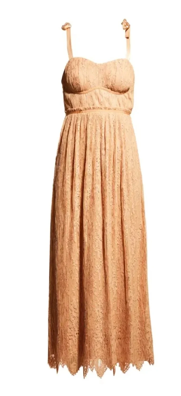 JONATHAN SIMKHAI — "Bonnie" Silk Lace Plissé Bustier Midi Dress in Butterscotch
