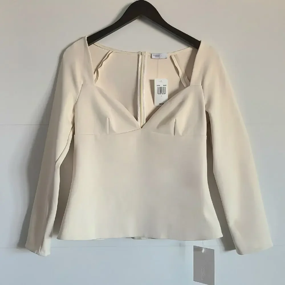 ROSETTA GETTY — Long-Sleeve Sweetheart Scuba Top in Parchment (Size Large)