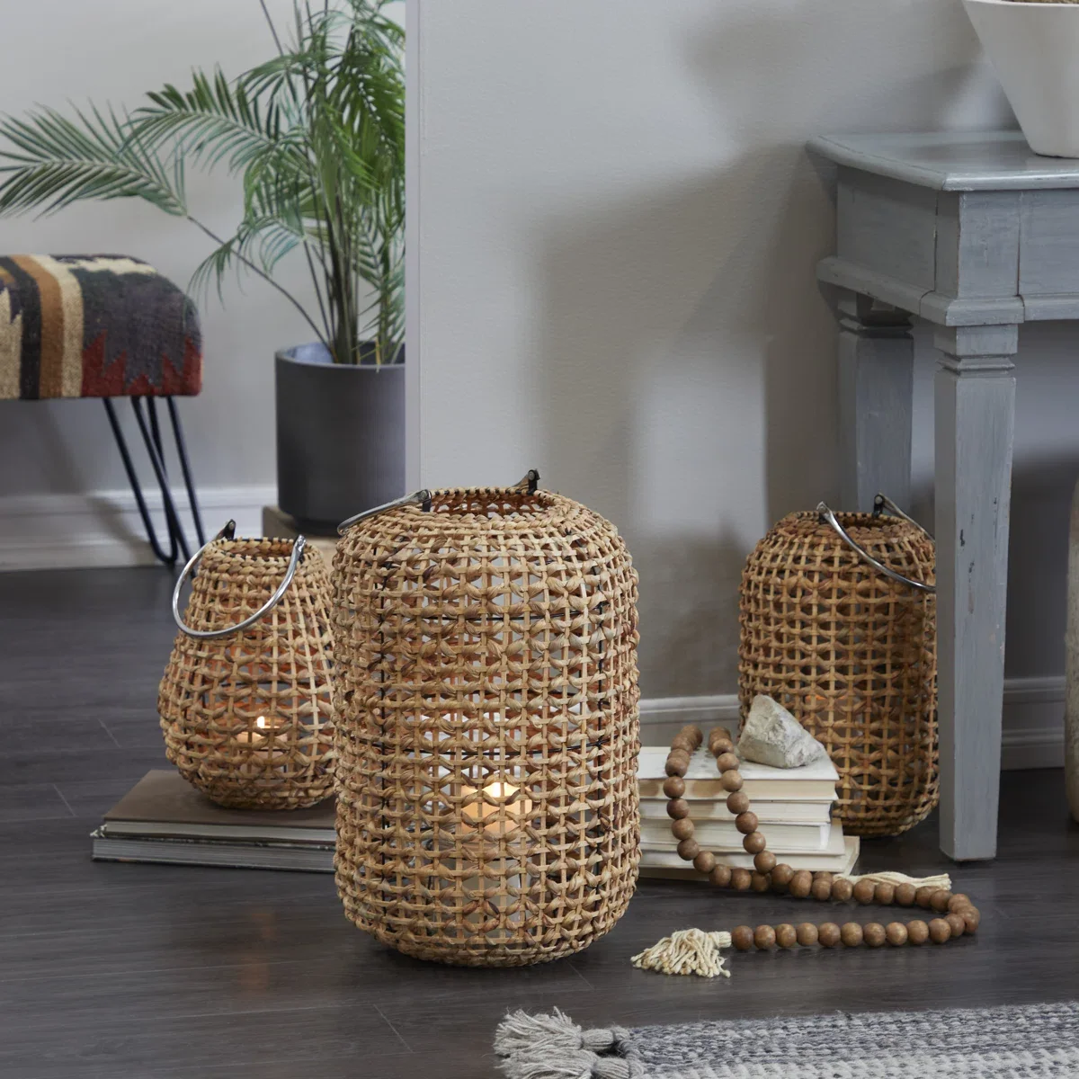 THE NOVOGRATZ — 15” Woven Natural Cattail & Metal Candle Lanterns