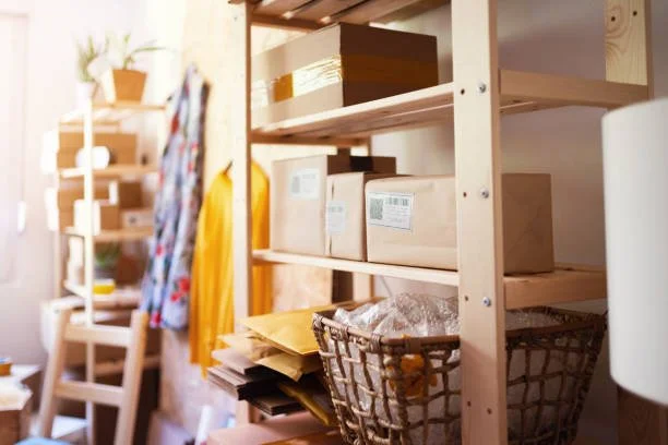Wooden shelving unit filled with cardboard boxes, envelopes, and mailing supplies in a home or office storage area.
