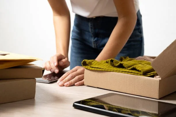 Person standing at a table with cardboard boxes, a tablet, and folded fabric.