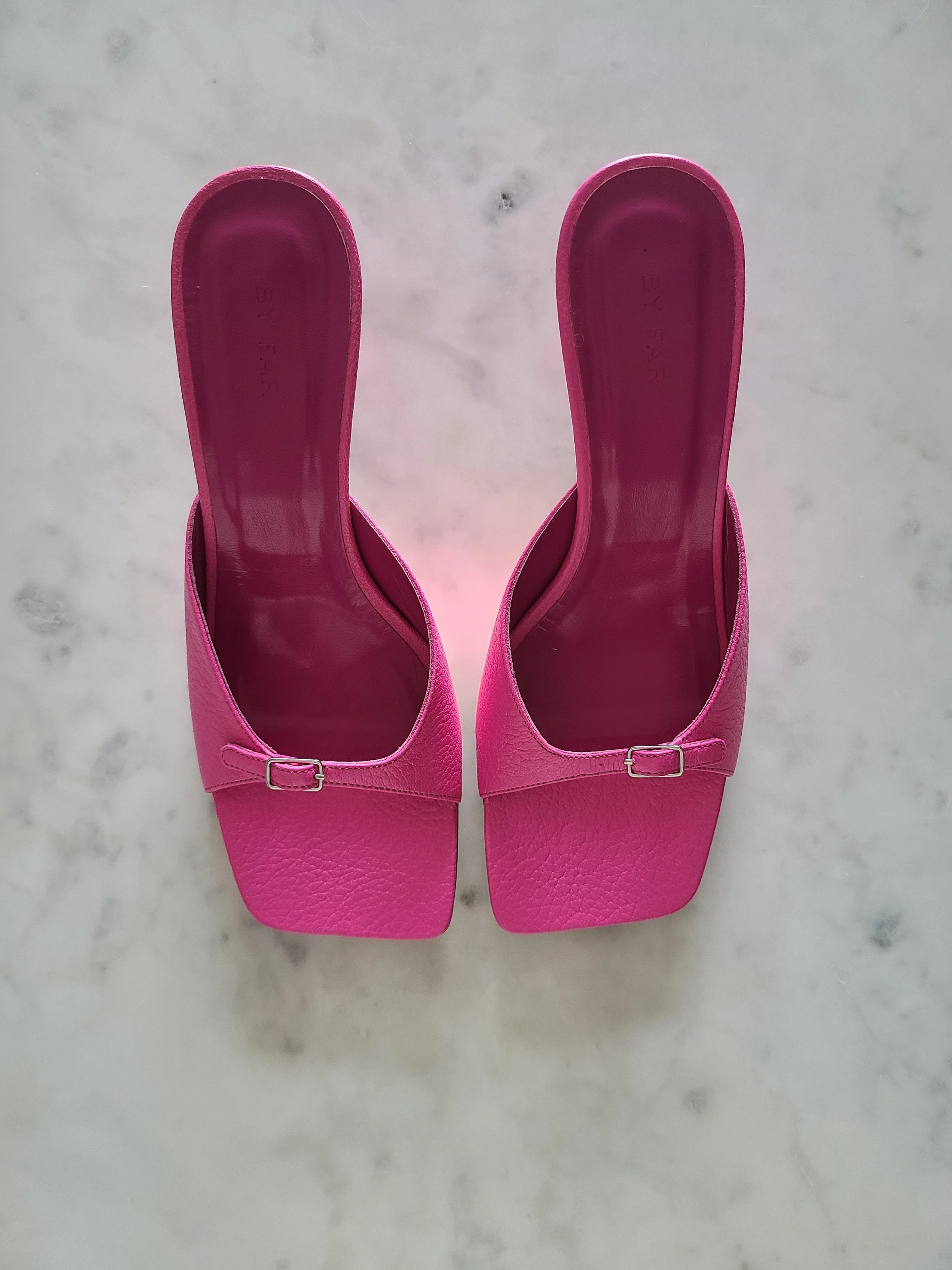 BY FAR — Erin Grained Leather Buckle Mules in Hot Pink (EU 38 / US 8)