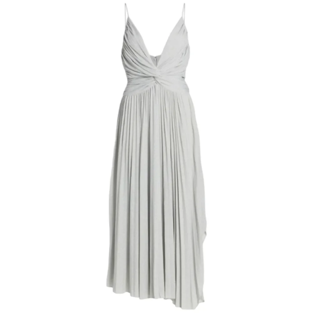 HALSTON — Jody Metallic Pleated Asymmetrical Midi Dress in Silver (Size 6)