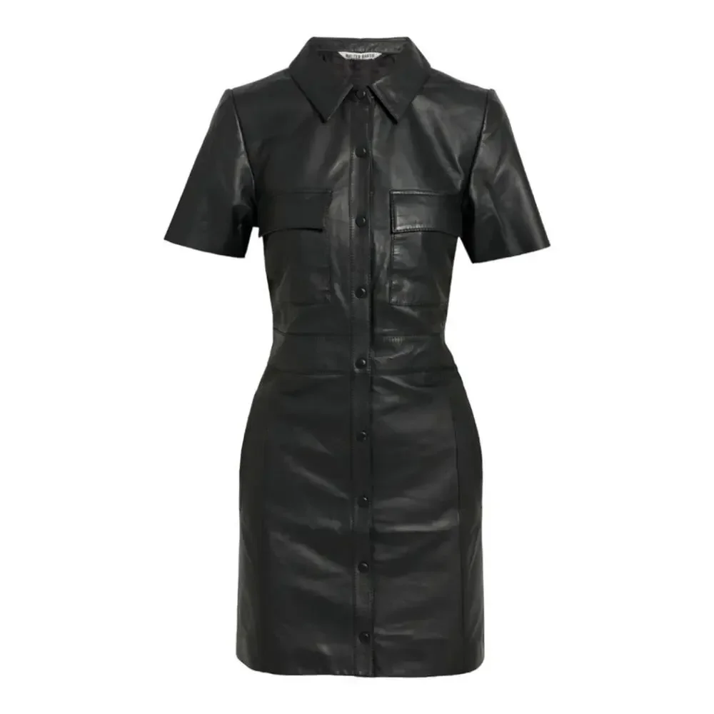 WALTER BAKER — Finley Lambskin Leather Mini Shirt Dress in Black (Size Medium)