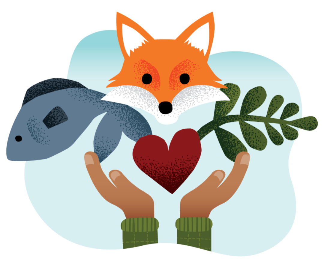 Two hands holding a red heart surrounded by a fox, fish, and green leaves