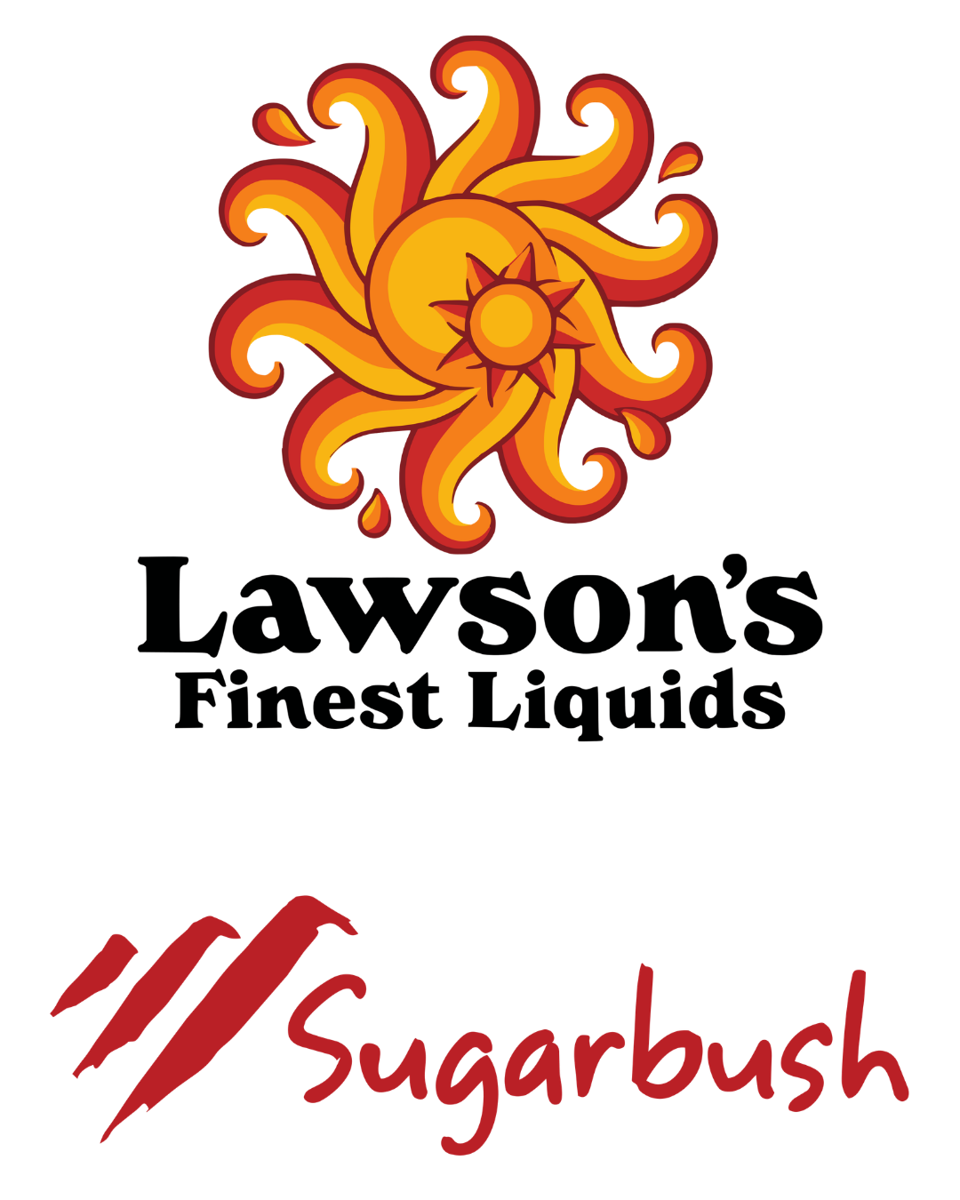 Colorful logo with a stylized sun with swirling rays, the text 'Lawsons Finest Liquids' beneath, and the word 'Sugarbush' in red script at the bottom.