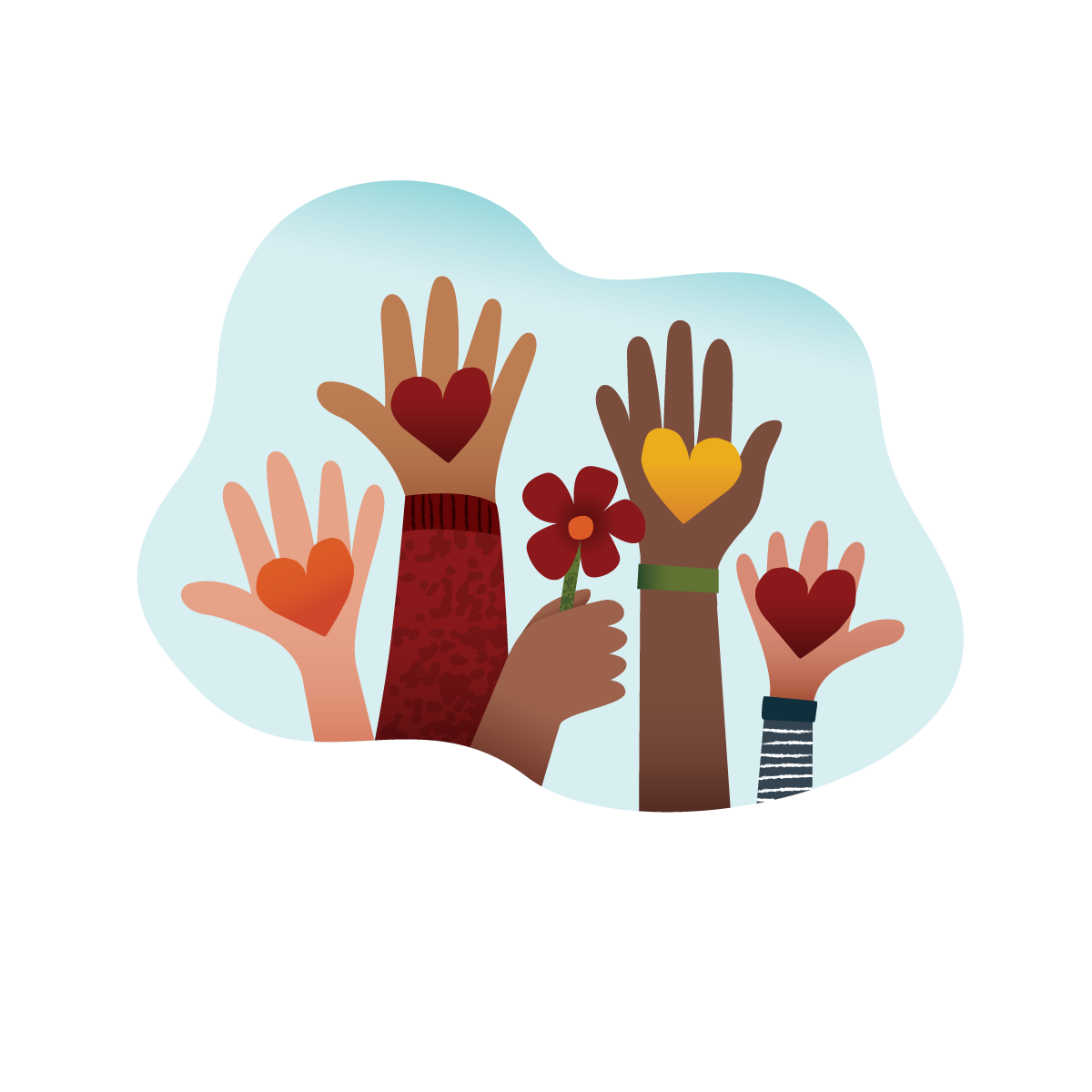 Multiple hands of different skin tones raised, some holding hearts or a flower, symbolizing diversity and unity.