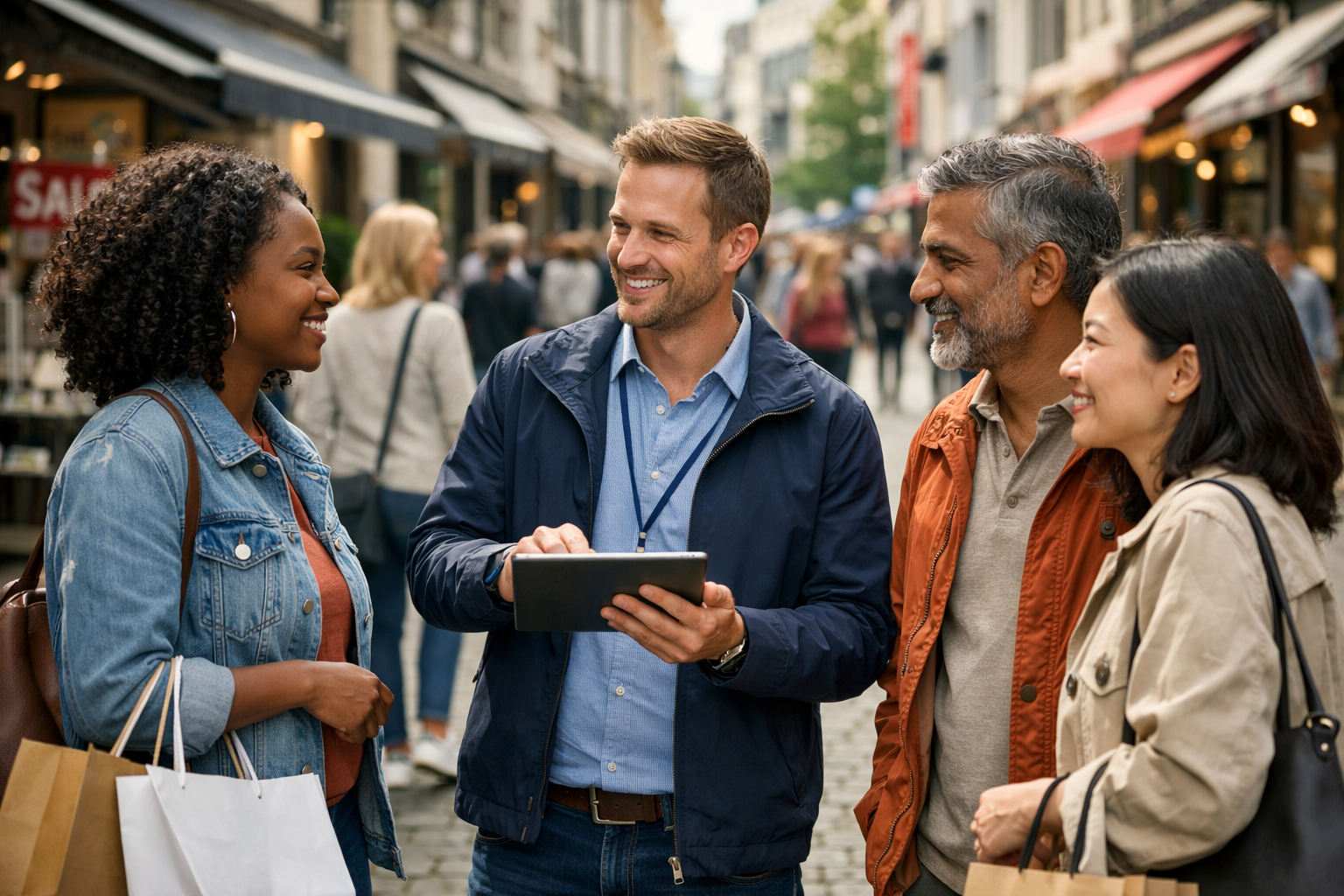 Vier mensen praten lachend op een drukke winkelstraat, een man toont iets op een tablet.