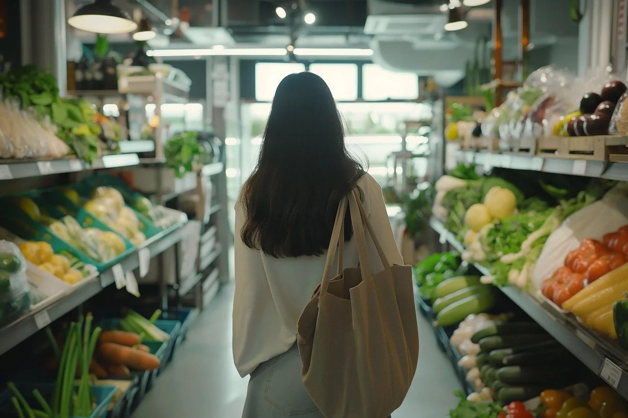 Een vrouw met lange donkere haren, gekleed in een witte jas en een lichte broek, staat in een supermarkt tussen groenten en fruit, met haar rug naar de camera.
