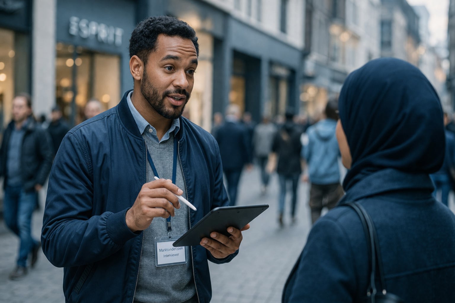 Man met badge een op straat in gesprek met vrouw met hijab, met winkels op de achtergrond.