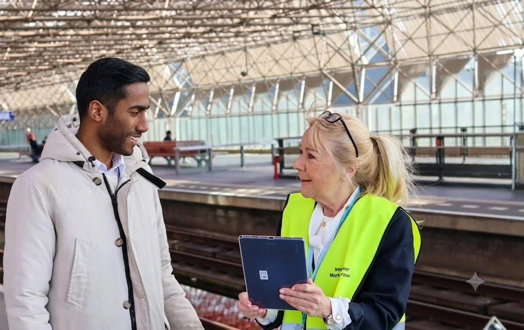 Een jongeman en een vrouw in veiligheidsvest staan bij treinsporen in een modern station, de vrouw houdt een clipboard vast en ze lijken in gesprek.