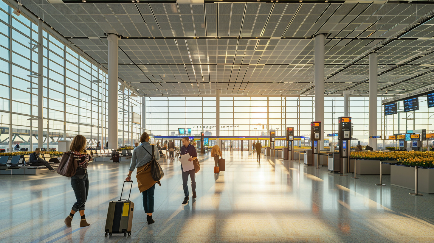Binnenzijde van een modern luchthaven gebouw met passagiers die lopen en wachten, balies en informatieborden, veel raamoppervlak en zonlicht.