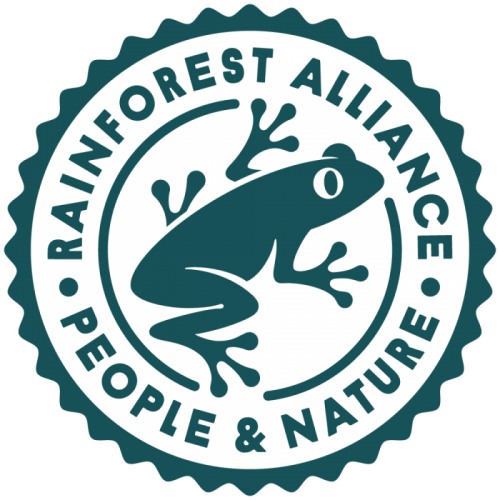 Logo da Rainforest Alliance com uma rã estilizada e texto ao redor 'Rainforest Alliance, People & Nature'