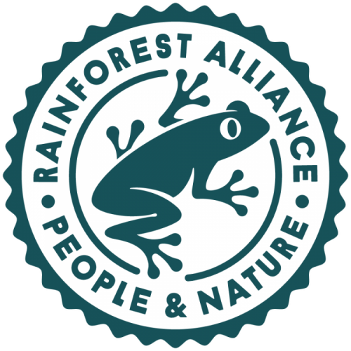 Logo da Rainforest Alliance com uma rã estilizada e texto ao redor 'Rainforest Alliance, People & Nature'